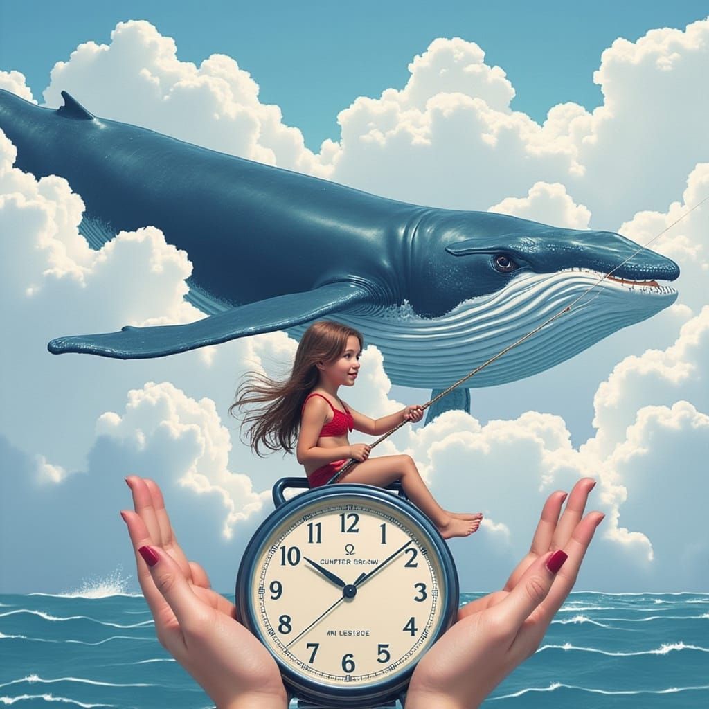 Girl Fishes for a Whale from a Giant Watch Above the Clouds
