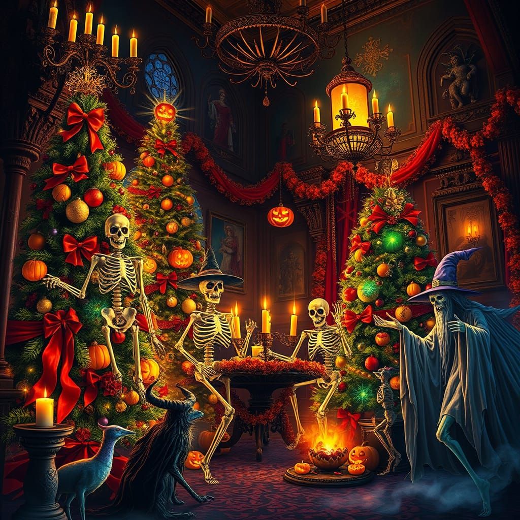 Festive Skeletons and Ghosts Celebrate Halloween Christmas F...