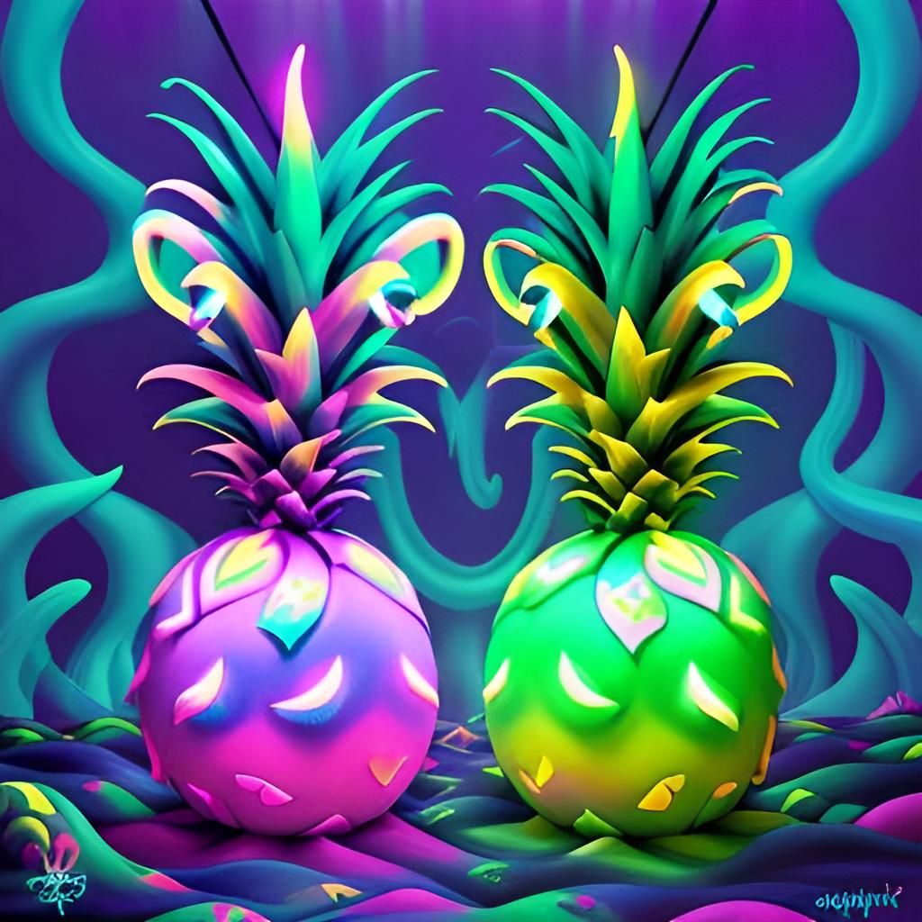 Surreal Pineapple Dreamscapes in Neon Bioluminescence