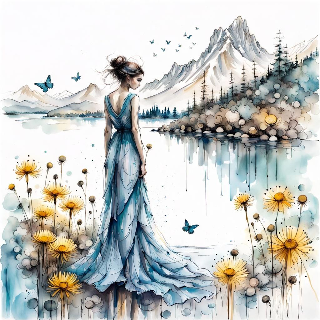 A full length figure of a woman in a beautiful blue dress lo...