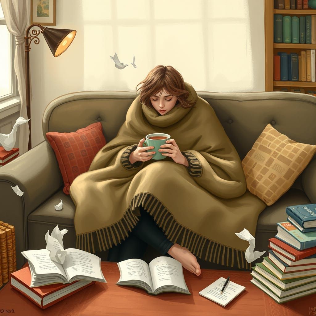 Cozy Couch Scene in Whimsical Illustration Style