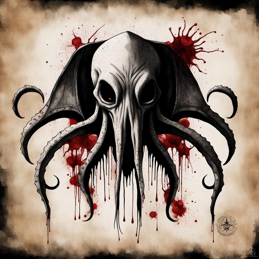 Cthulhu Ink Sketch in Black and White with Blood Red Eyes