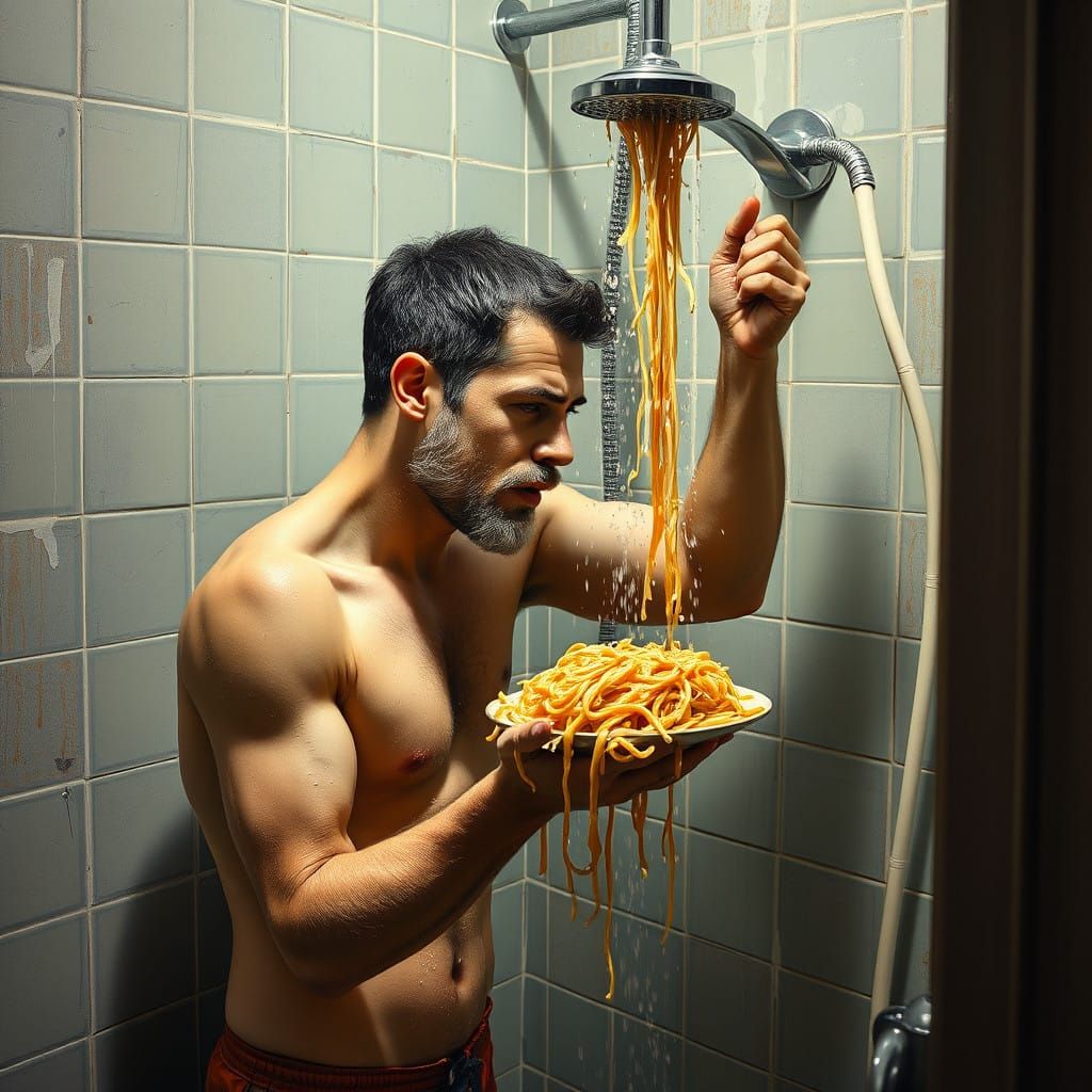 Man Takes a Spaghetti Shower: Detailed Painting