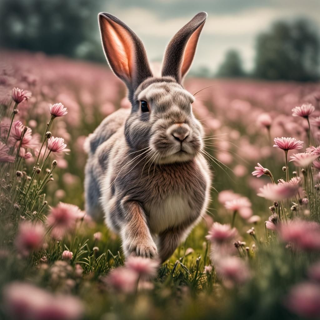 Rabbit in Vibrant Flower Field with Hyperrealistic Details