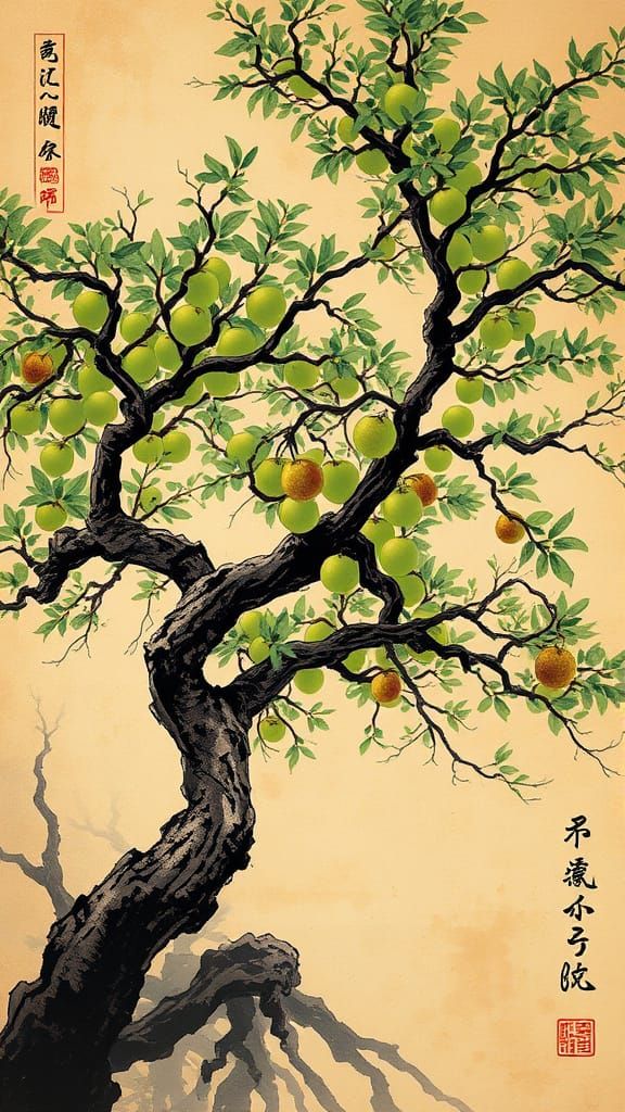 Gnarled Jujube Tree in Expressive Ink Strokes, Chinese Art S...