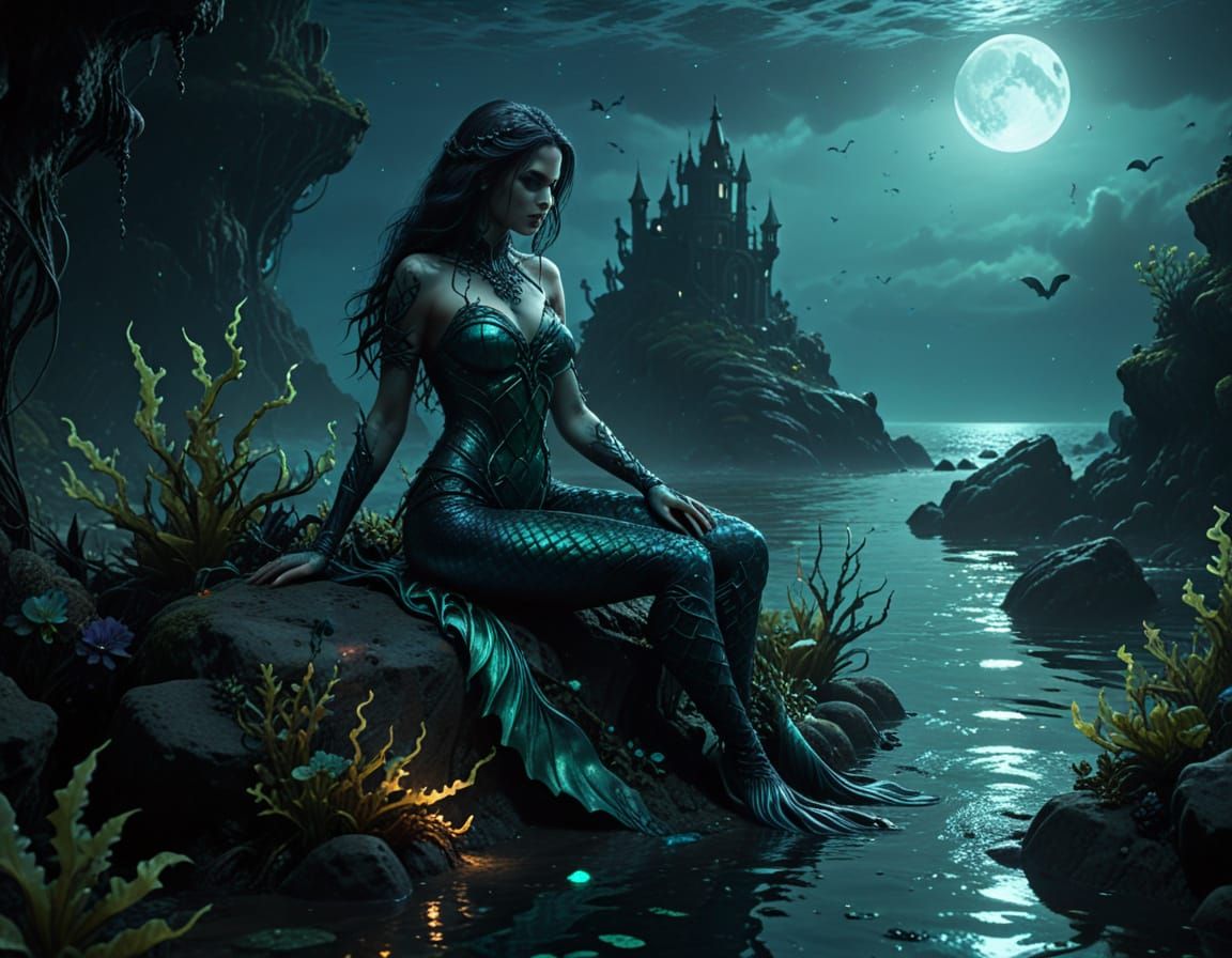 evil mermaid with latex body sitting on the rock on the sea