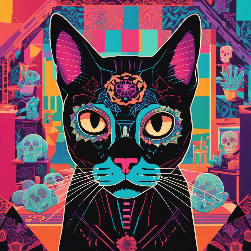 Bold Black Cat Holds Sugar Skull in Geometric Room