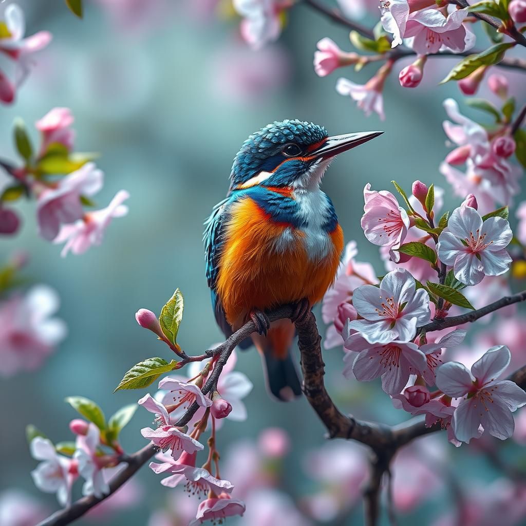 Iridescent Kingfisher in Whimsical Cherry Blossom Forest