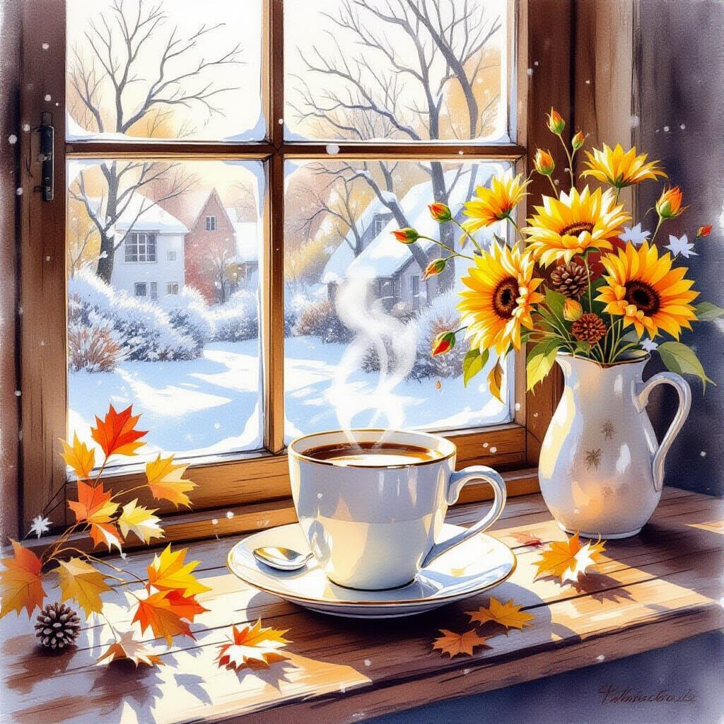 Watercolor Still Life: Coffee, Flowers, and Autumn Snow