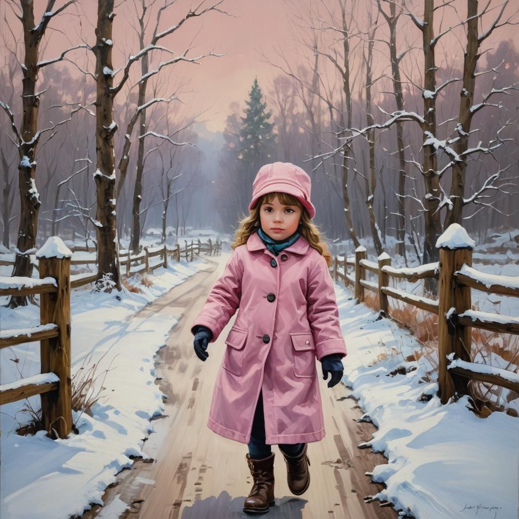 Charming Winter Scene with Young Girl in Pink Coat