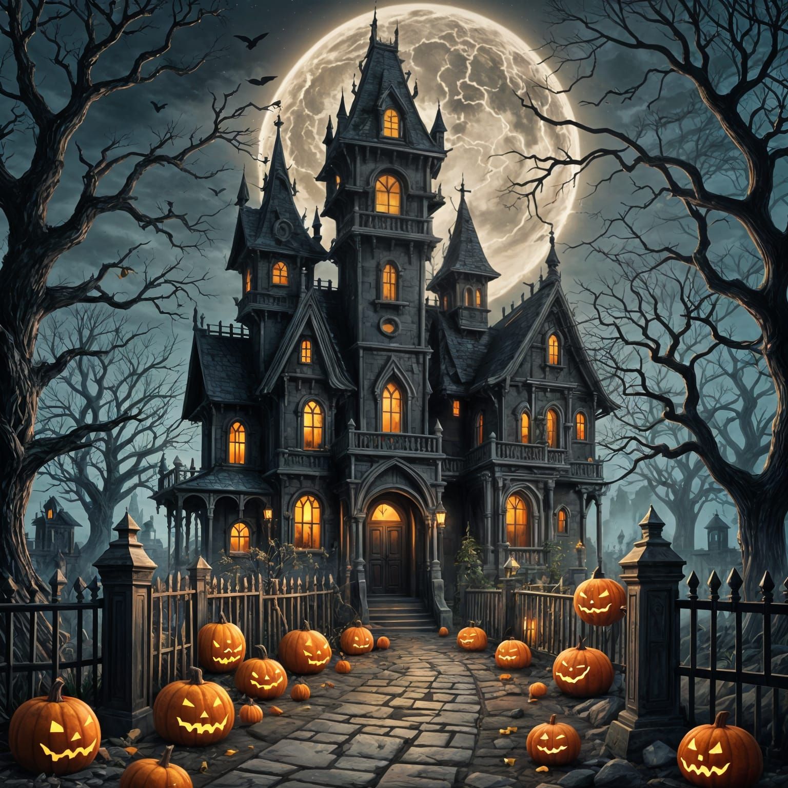 Haunted Mansion Under Midnight Moonlight in Halloween Theme