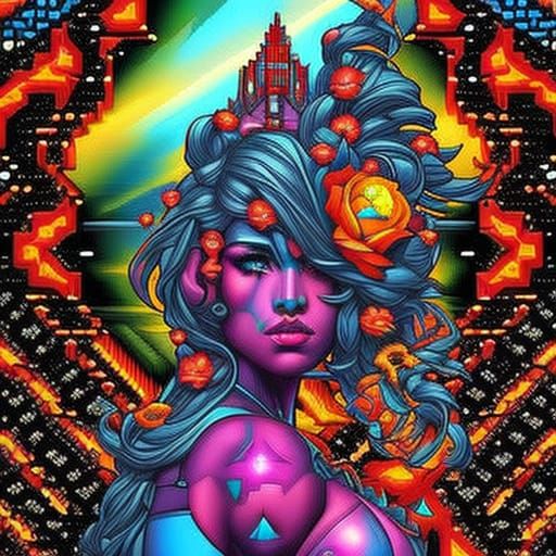 A Young Scarred Face Fuchsia Orange Princess mix with Pixel Art _ #02