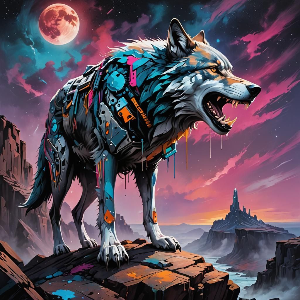 Cyborg Wolf Howls Under Vibrant Graffiti Skies