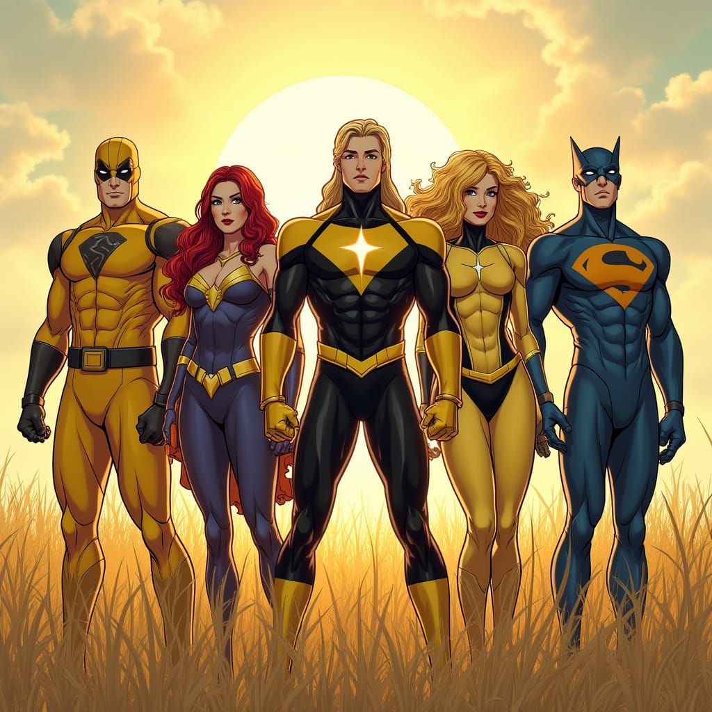 Superhero Teams Gather in Golden Field at Noon