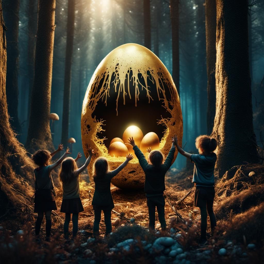 Children Discover Giant Golden Egg in Dark Forest