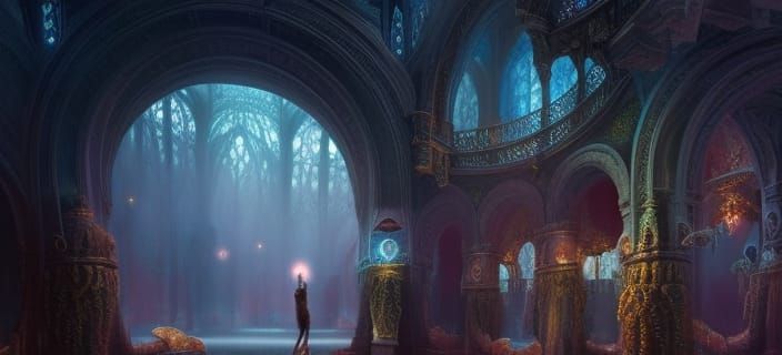 Luminescent Fairies Dance in Dark Hall, a Digital Painting