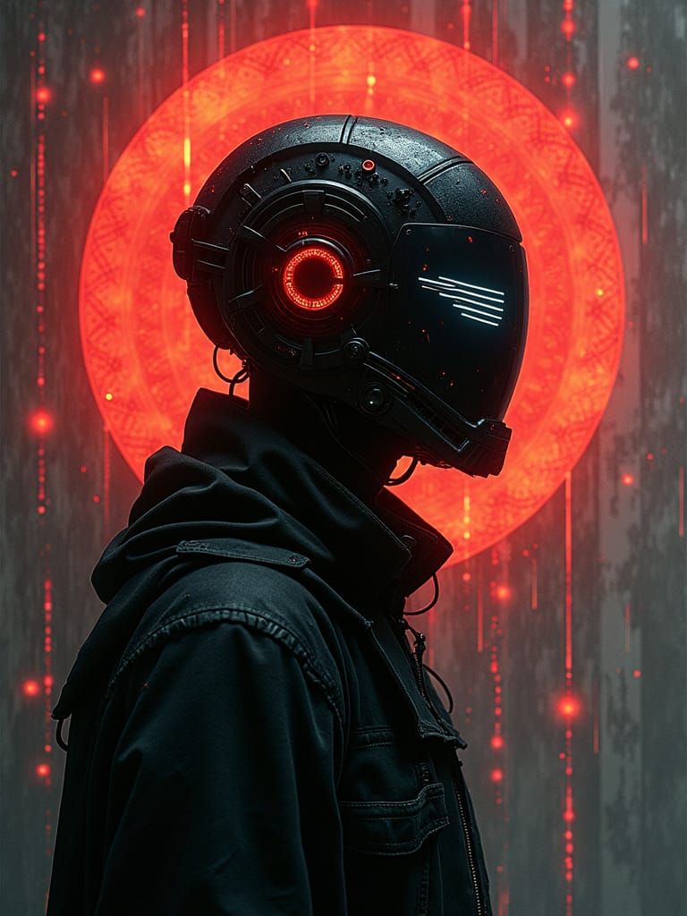 Glowing Cyberknight Emerges from Shadows in Geometric Abstra...