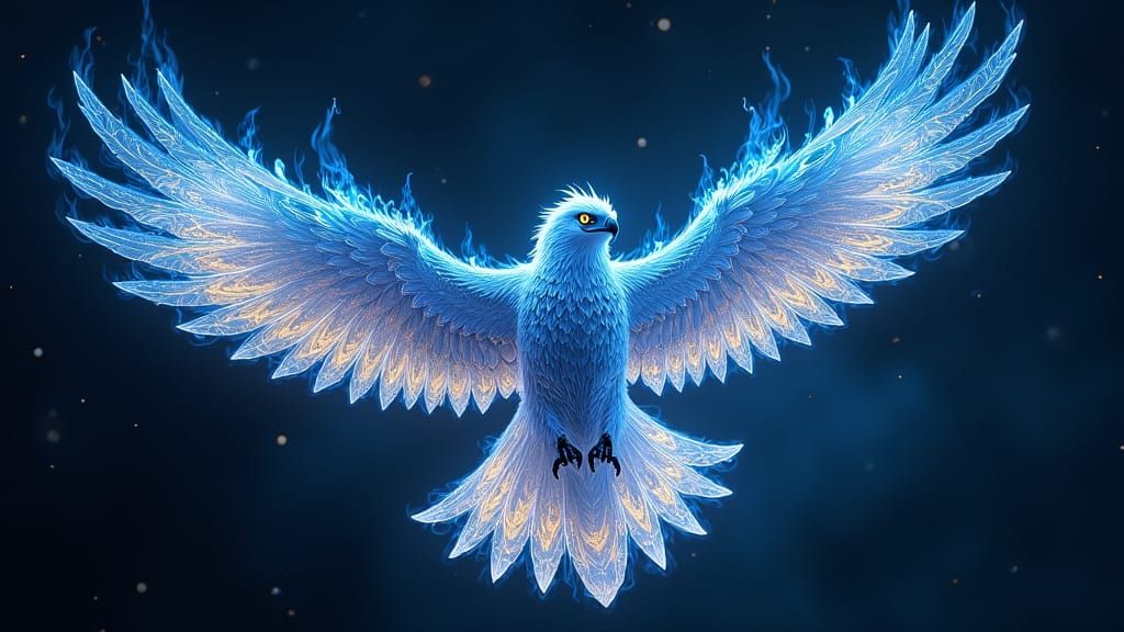Majestic Hawk Composed of Ethereal Flames in Blue and White