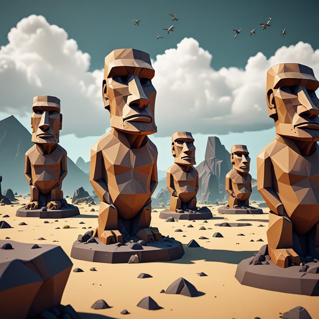 Low Poly Moai Alien Invasion