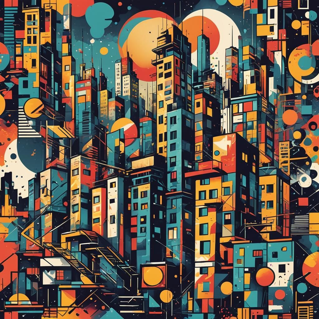 Vibrant Bauhaus-Inspired Cityscape Graffiti Mural