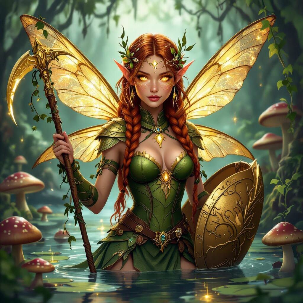 Golden Fairy with Dragonfly Wings in Mystical Swamp