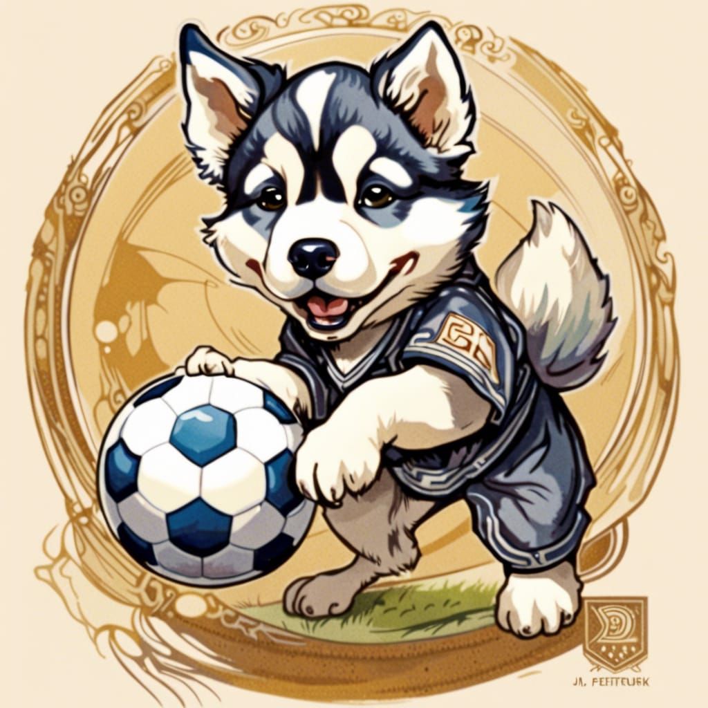 Soccer Husky Puppy Portrait in Vibrant Ink