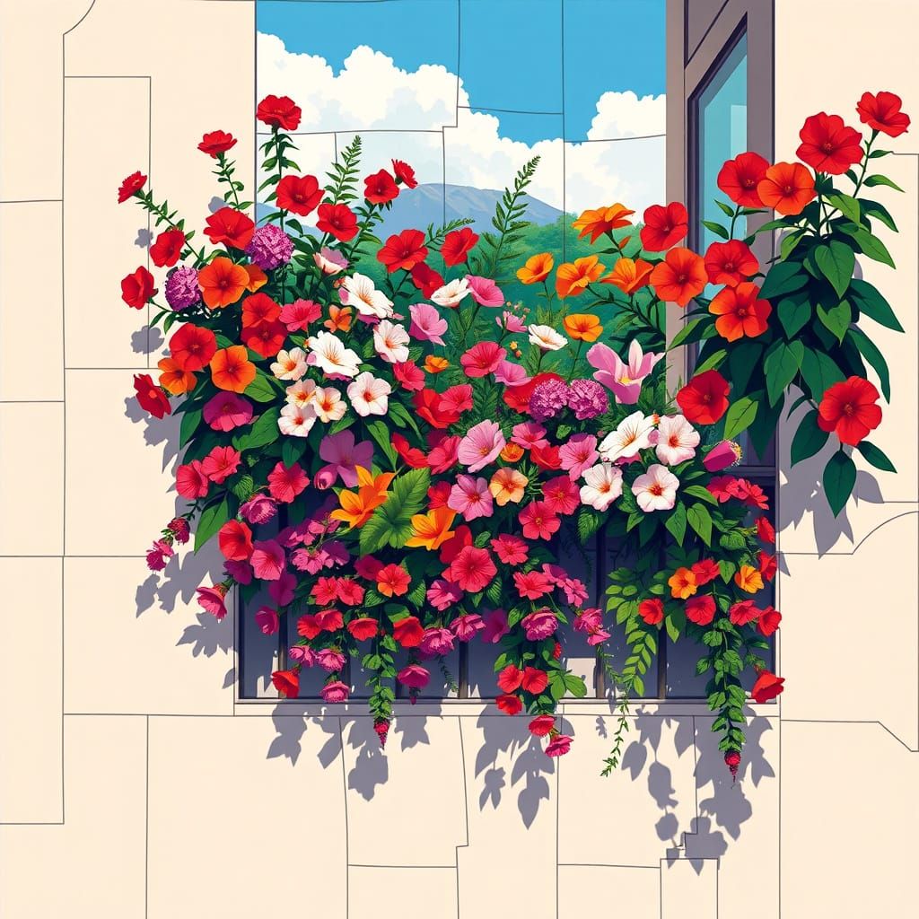 Abstract Cubist Balcony with Vibrant Blossoms