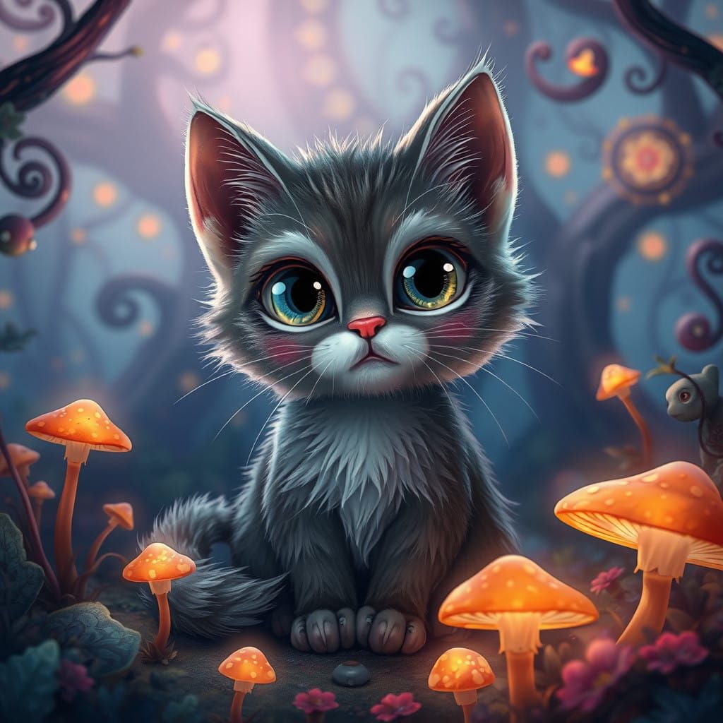 Mystical Whimsy: Big-Eyed Feline in Fantastical Landscape