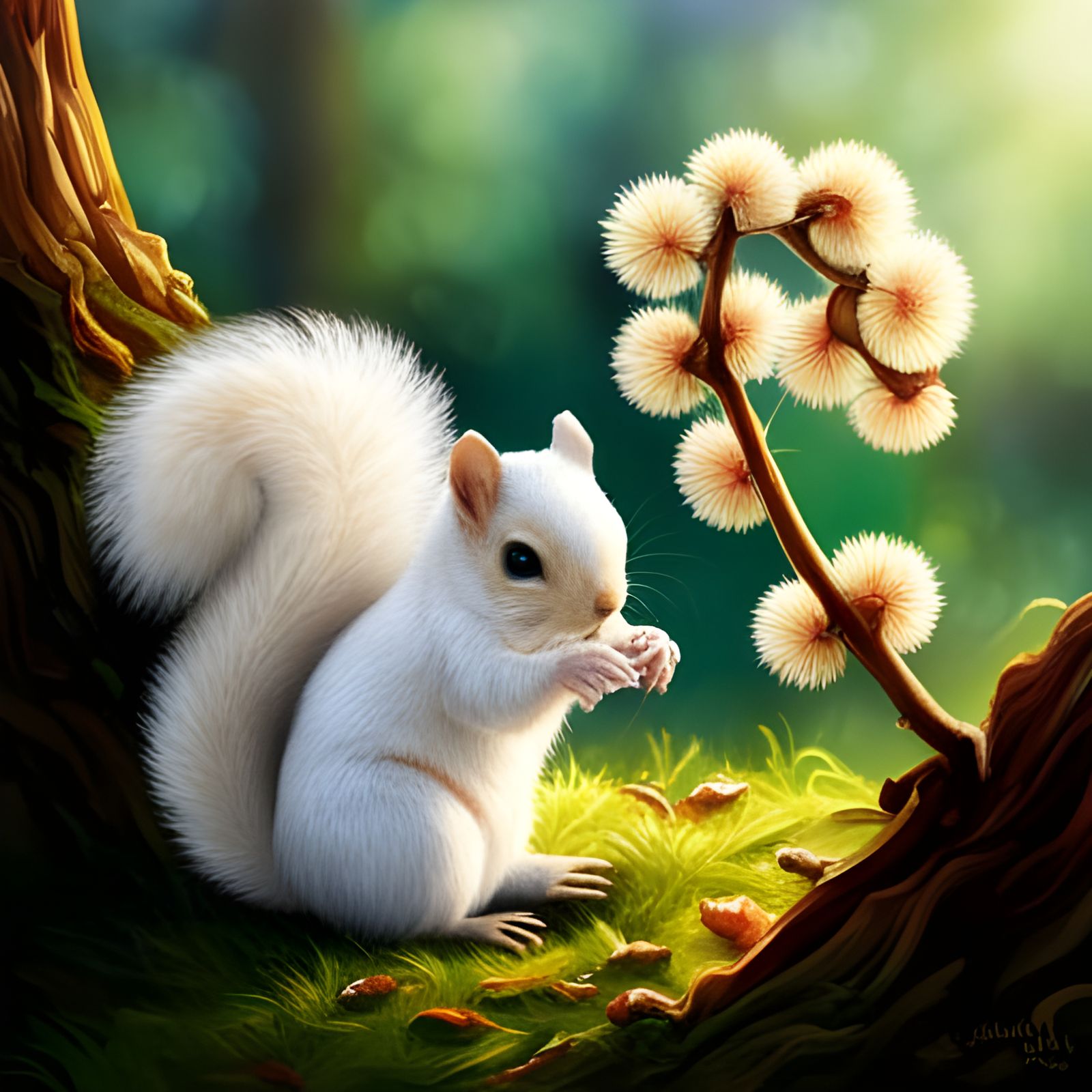 Whimsical Albino Squirrel Gathering Acorns in Studios Ghibli...