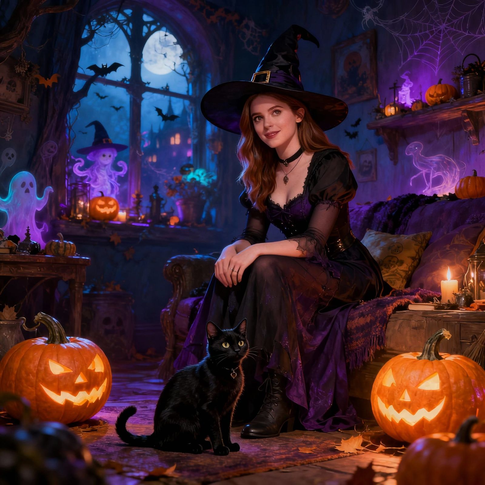 Anna Kendrick as Witch with Black Cat & Jack o'Lanterns