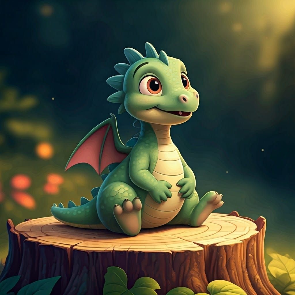 Whimsical Green Dragon in Disney-Inspired Watercolor Style