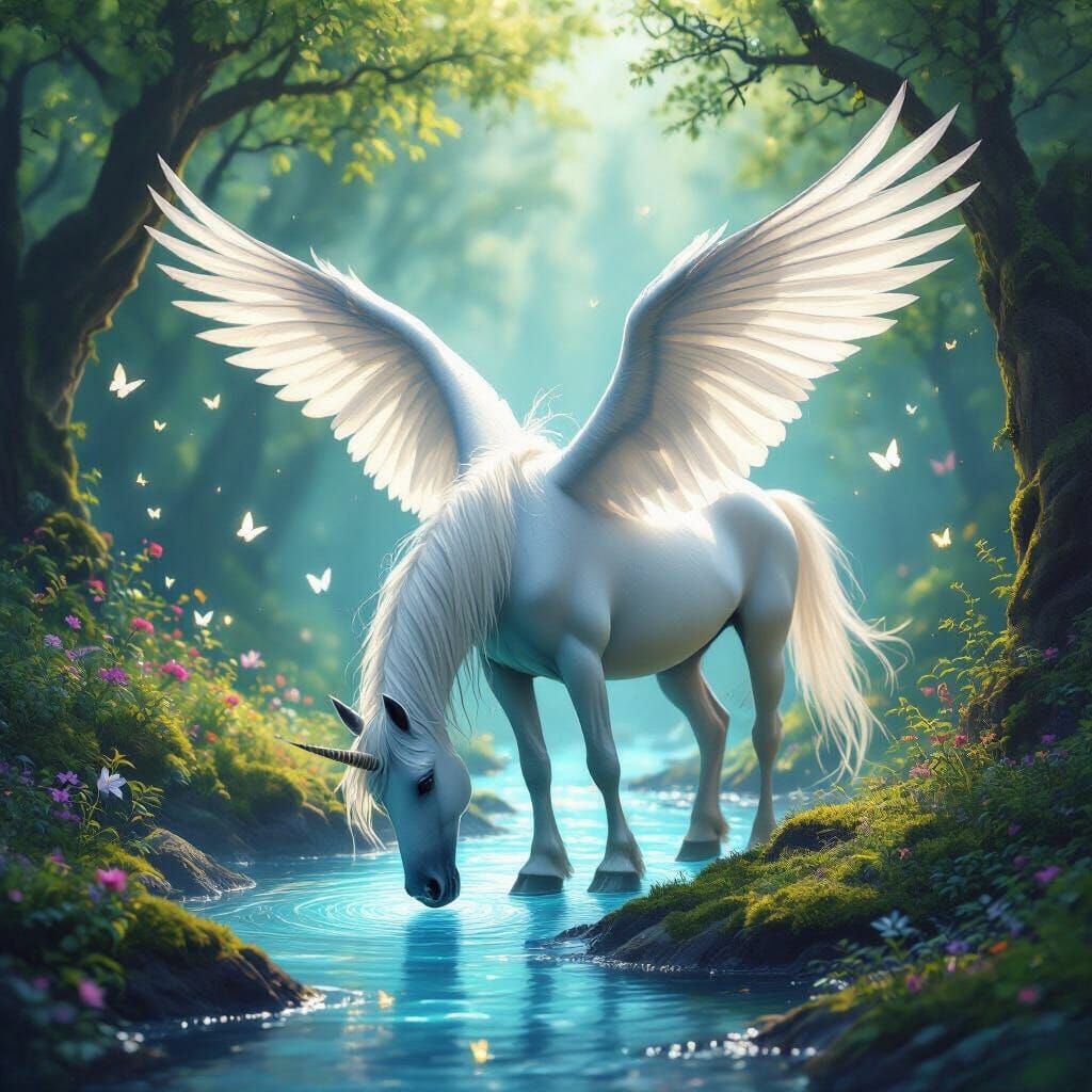 Majestic White Pegasus by Glowing Forest Stream
