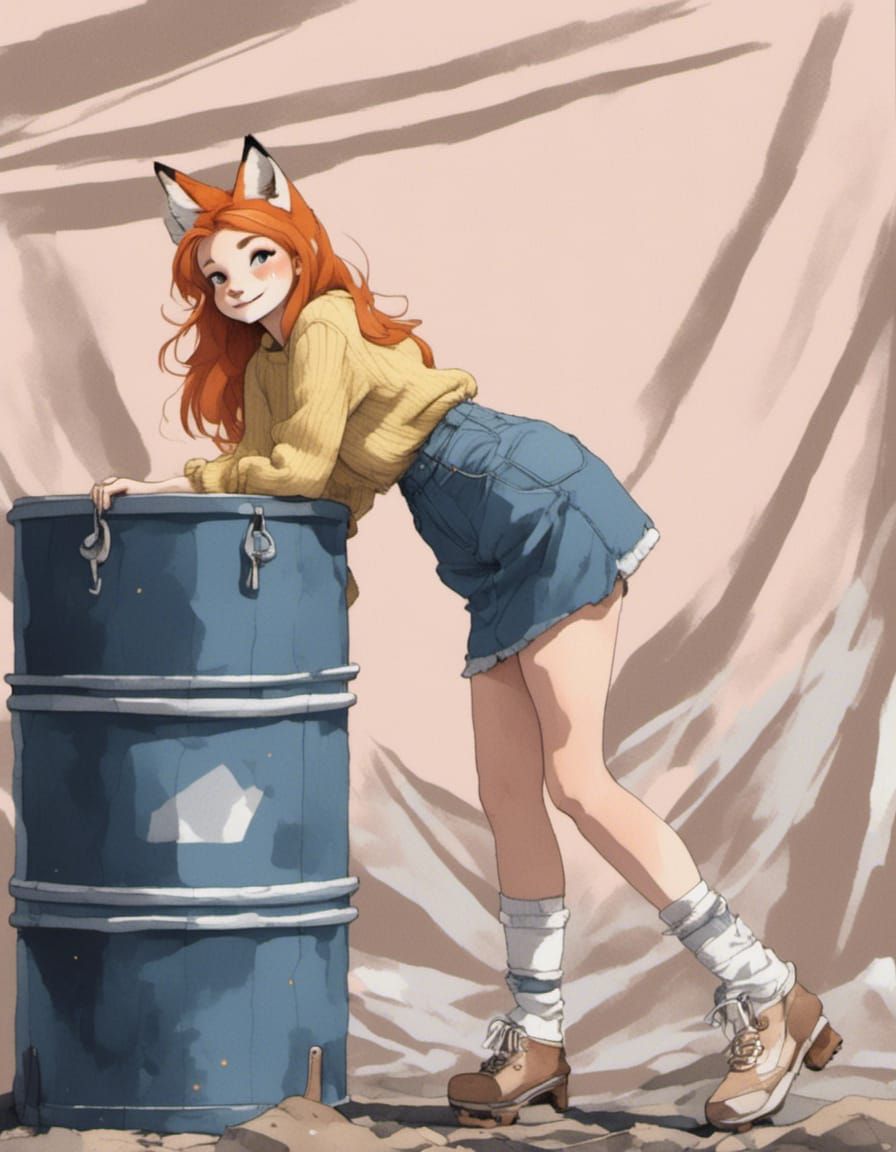 Adorable Fox-girl VIXEN leaning on oil drum.