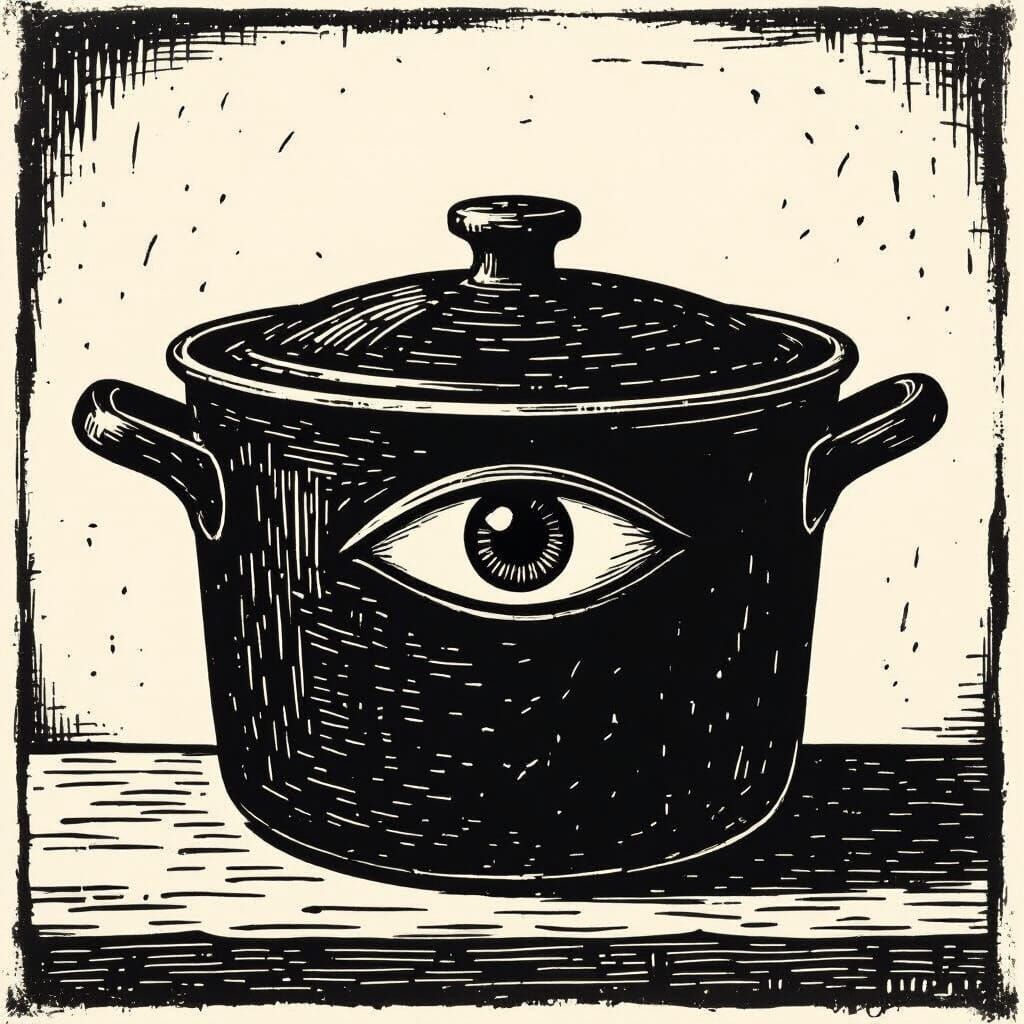 Expressive Eye Cooking Pot in Linocut Style