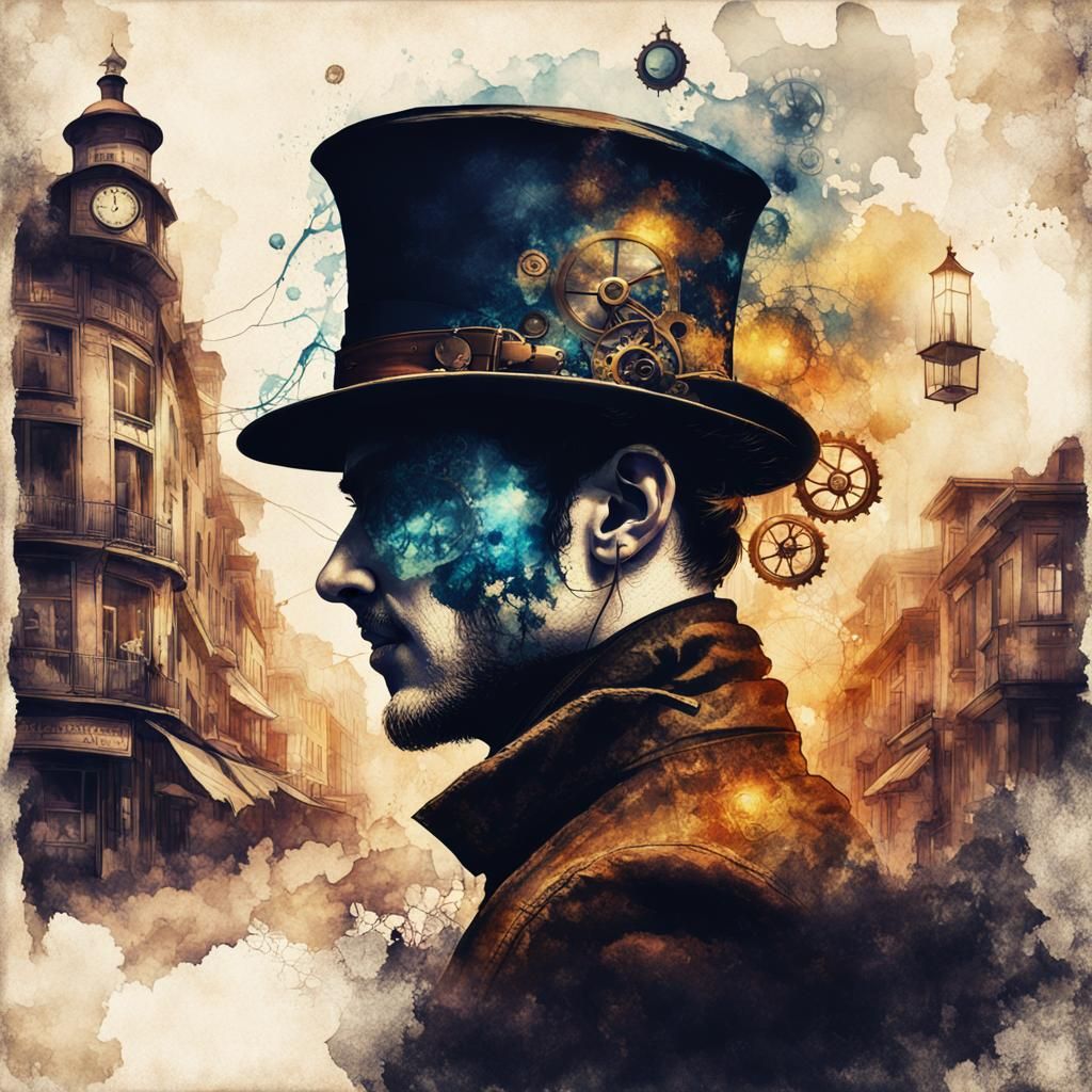 Steampunk Double Exposure in Ink Painting Style