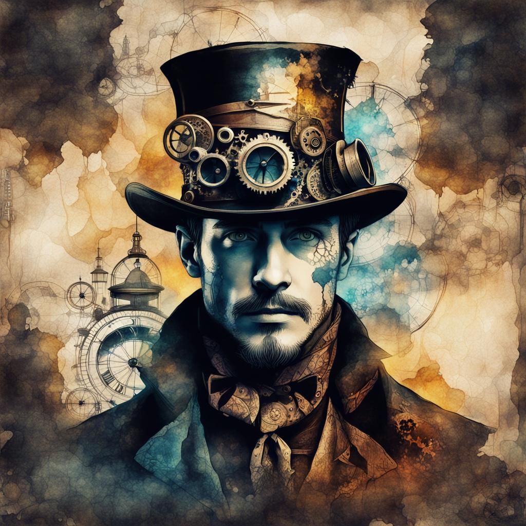 Magician in Steampunk Double Exposure Ink Painting