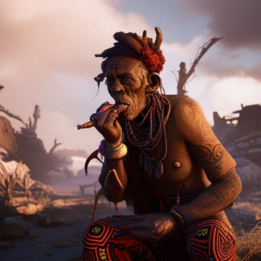 African Witch Doctor Smokes Long Peace Pipe in Deep, Fantast...