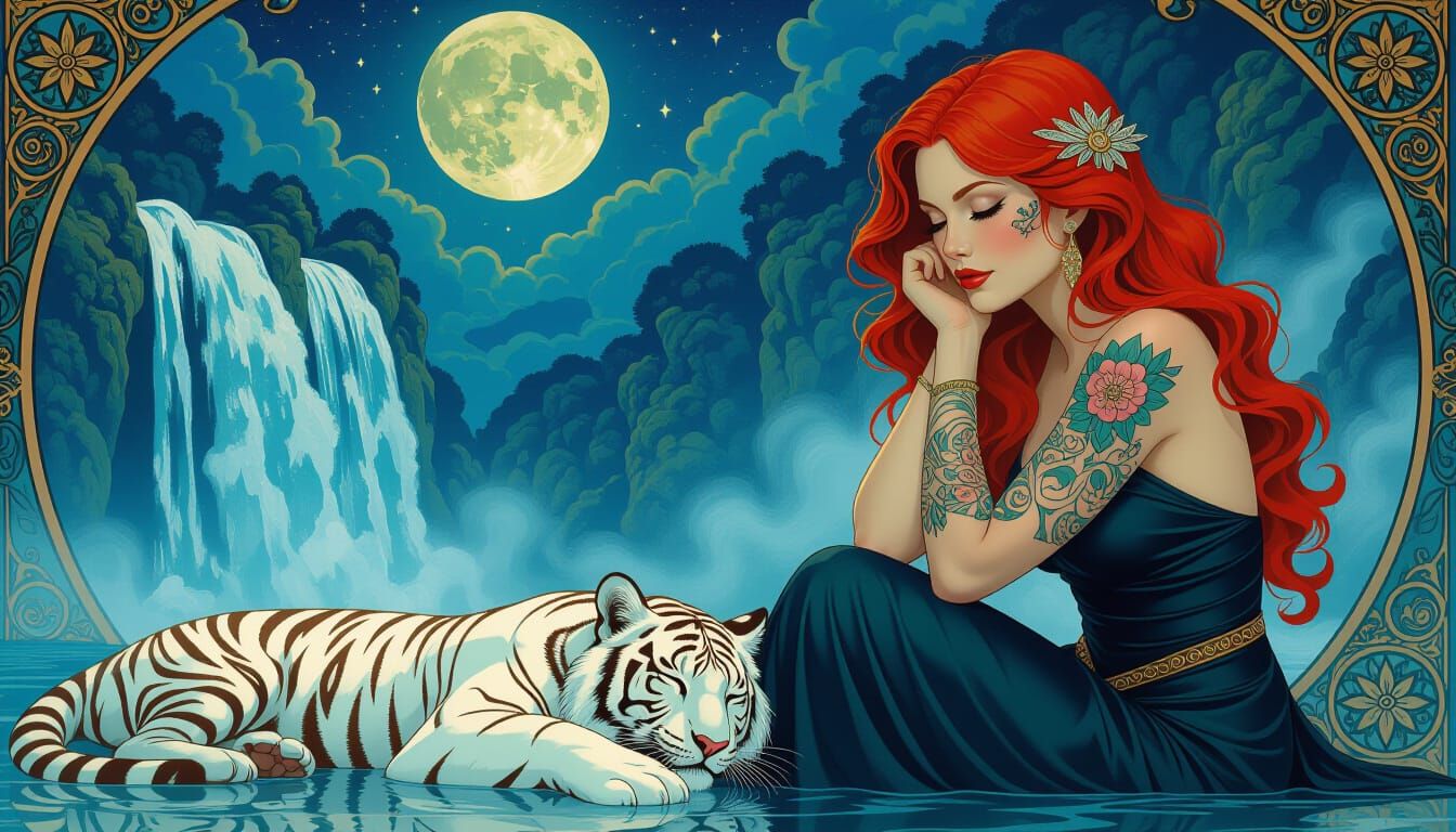 Woman with Tiger by Waterfall Under Moonlight