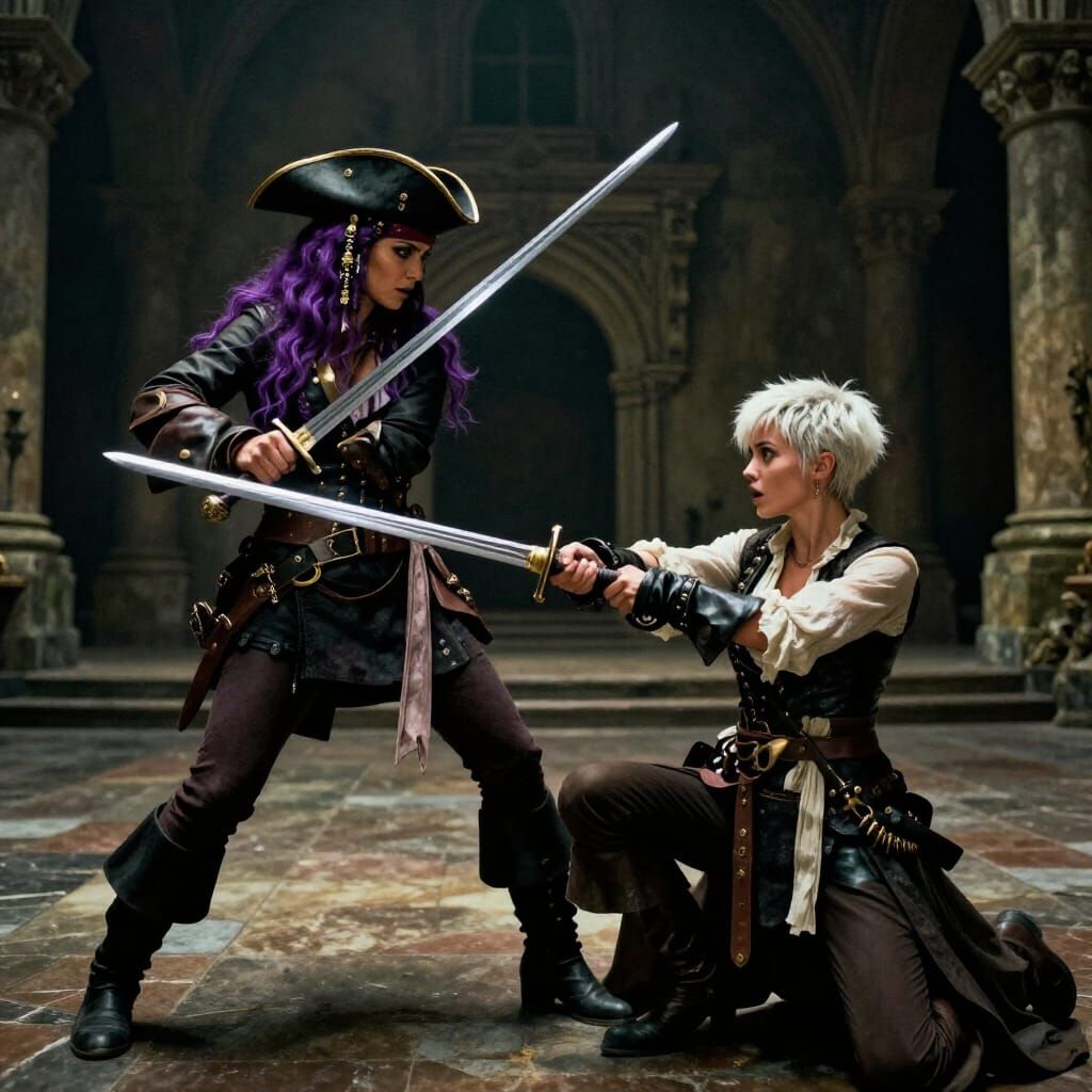 Pirate Women Sword Fight in Dark Castle Hall
