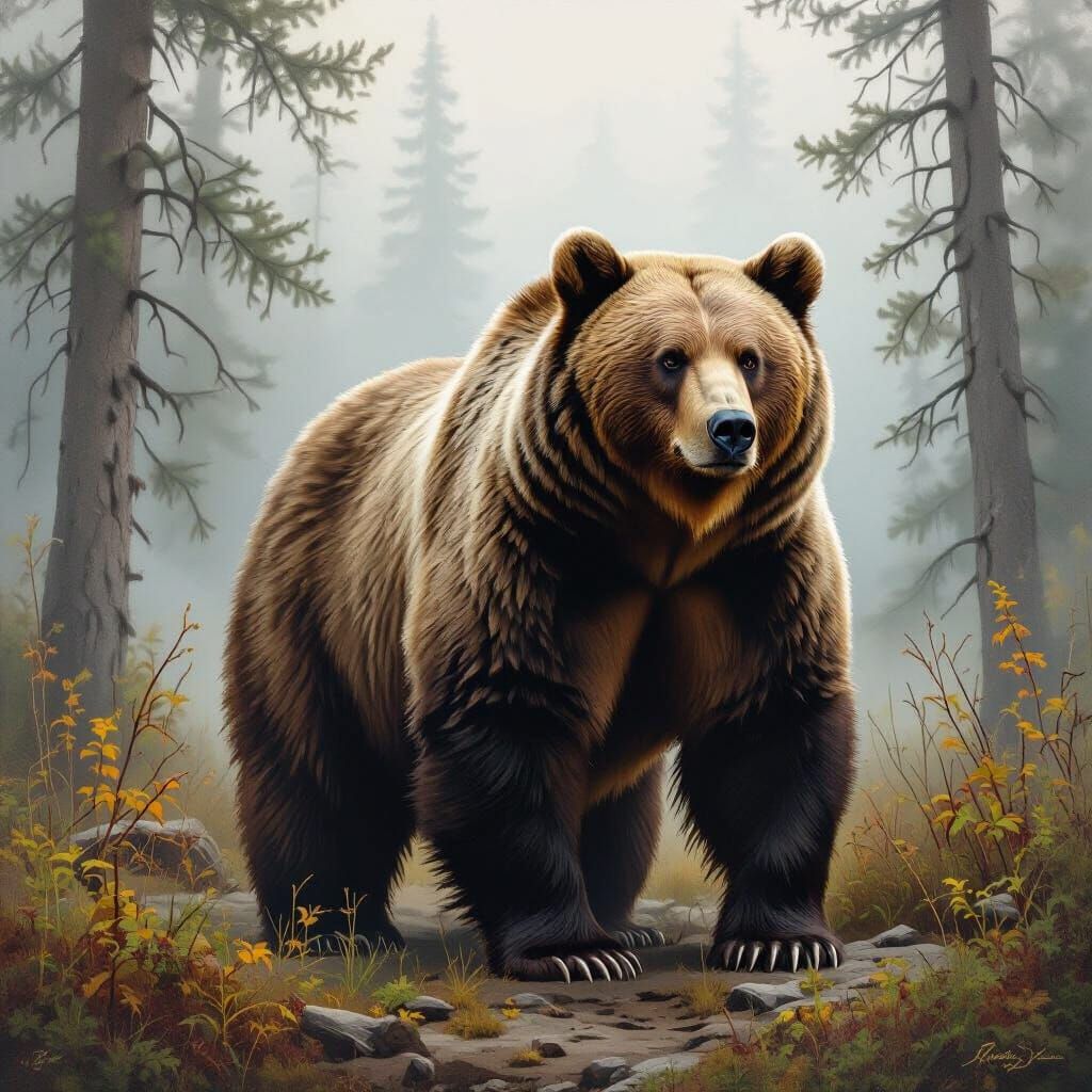Grizzly Bear in Misty Forest, Wildlife Art Style