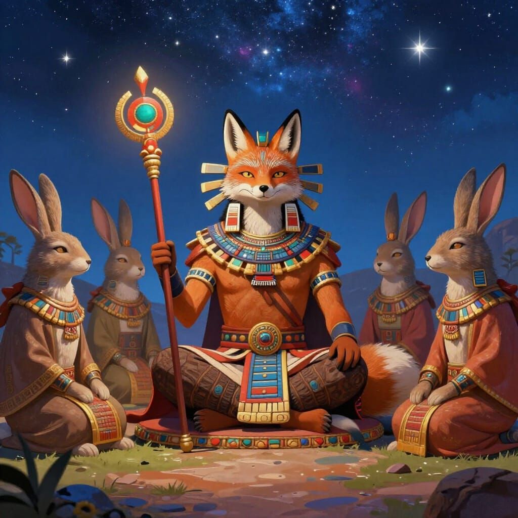 Aztec Fox Warrior Meditating With Wise Rabbits