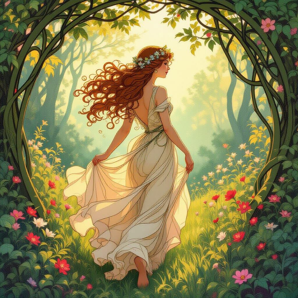 Art Nouveau Woman in Enchanted Forest