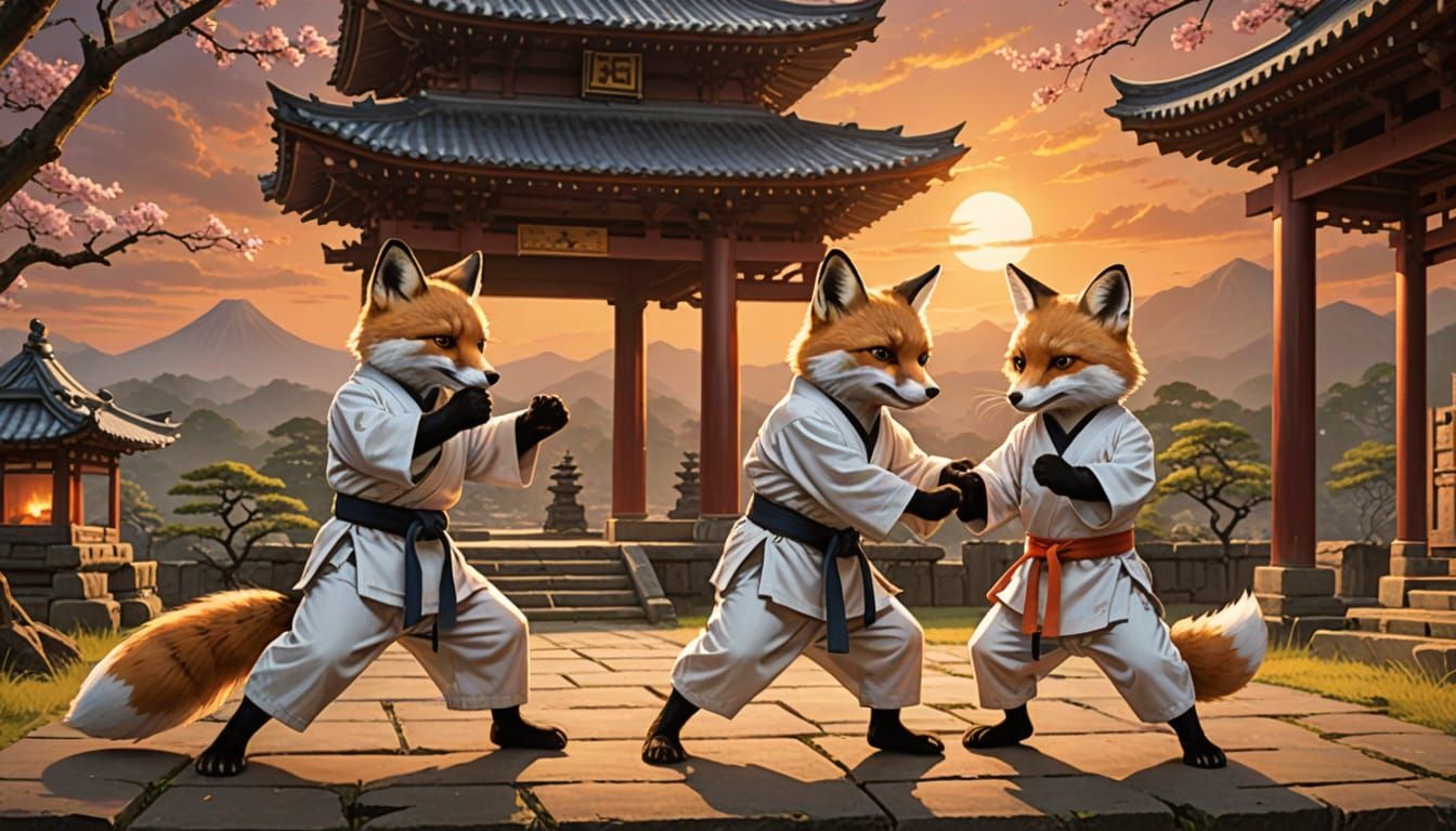 Fox Karate Masters at Sunset in Temple Ruins