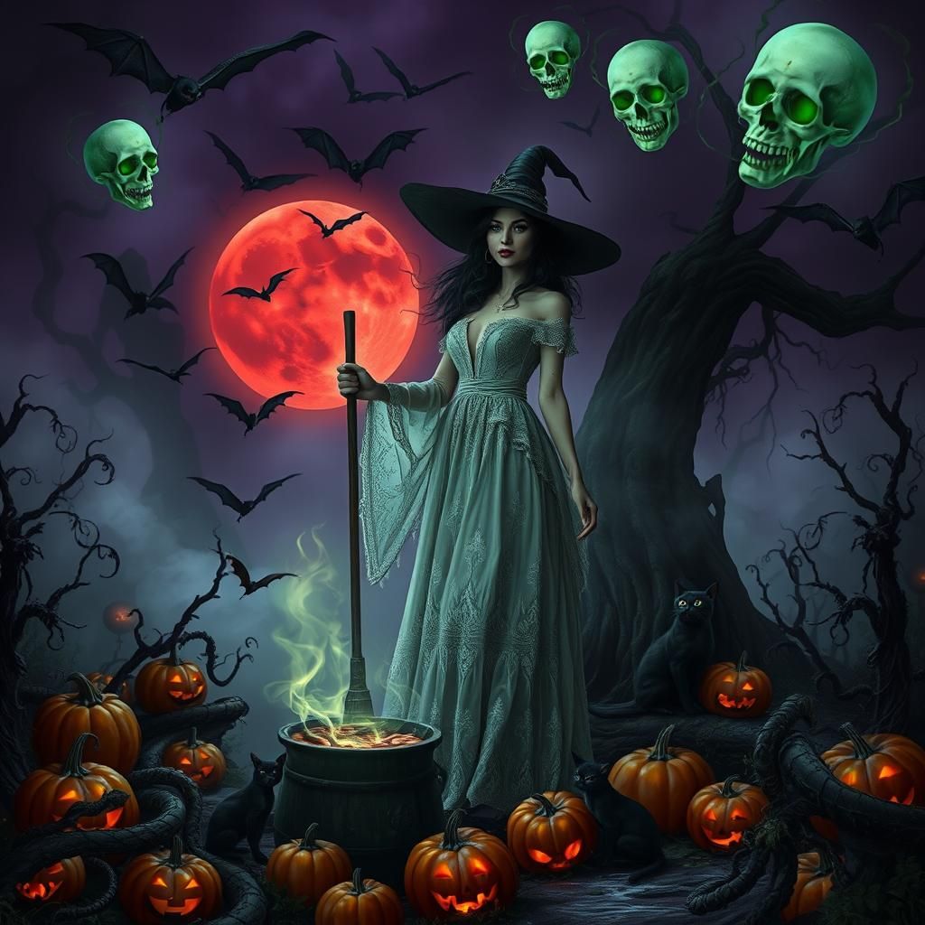 Surreal Witch Stands at Edge of Dark Forest Under Blood Red....