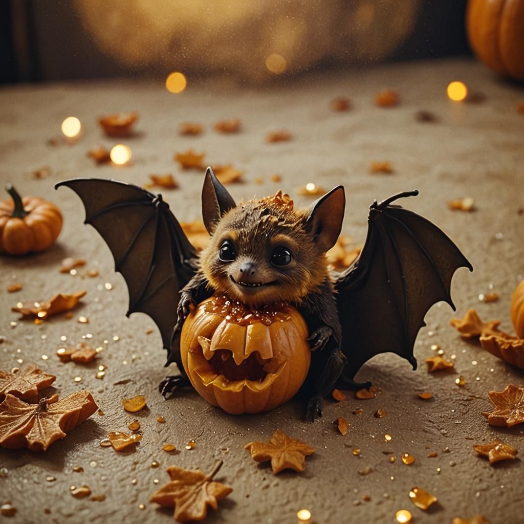 Little Bat Savoring Honeyed Pumpkin in Warm, Golden Light