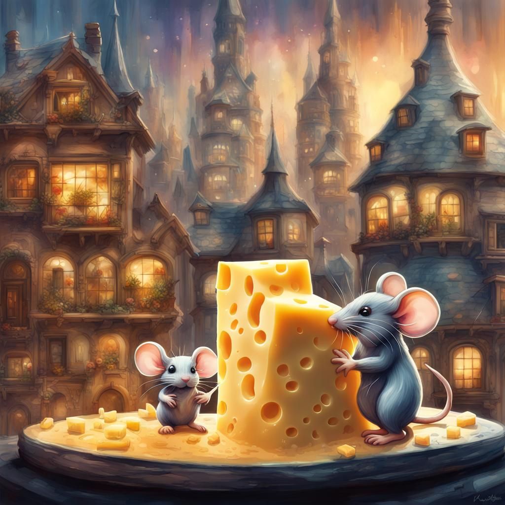 Spiraling Magical Cheese Scene in Stylized Watercolor