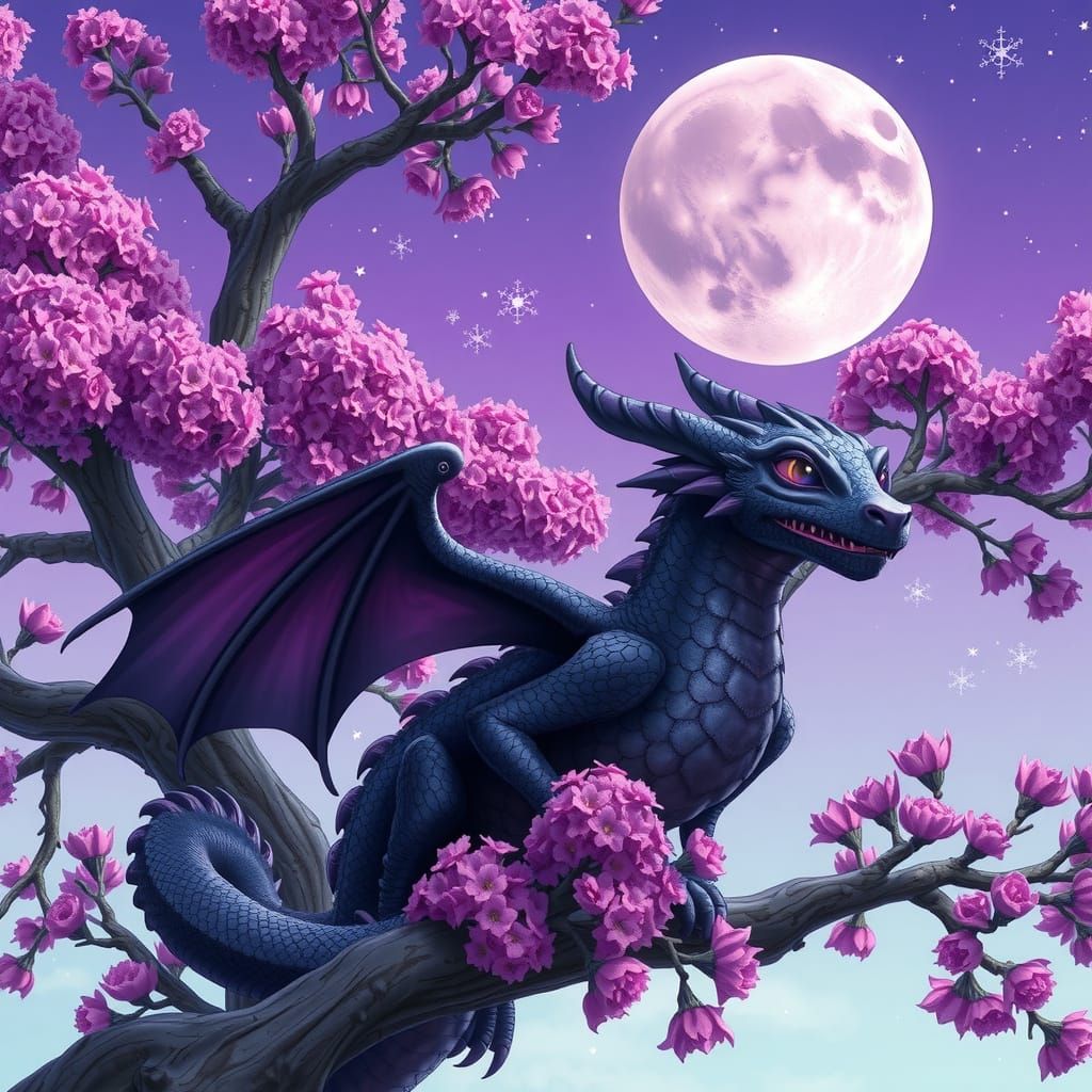 Majestic Dragon Perched in Magical Blossom Tree