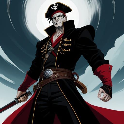 Confident Pirate Captain in Anime-Inspired Flat Art Style