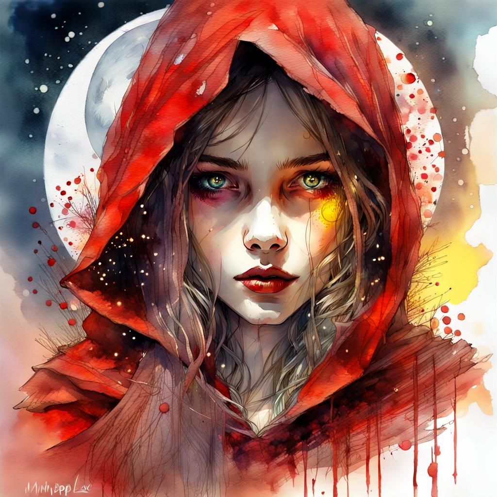 Surreal Red Riding Hood Dances Under Moonlit Sunset in Water...