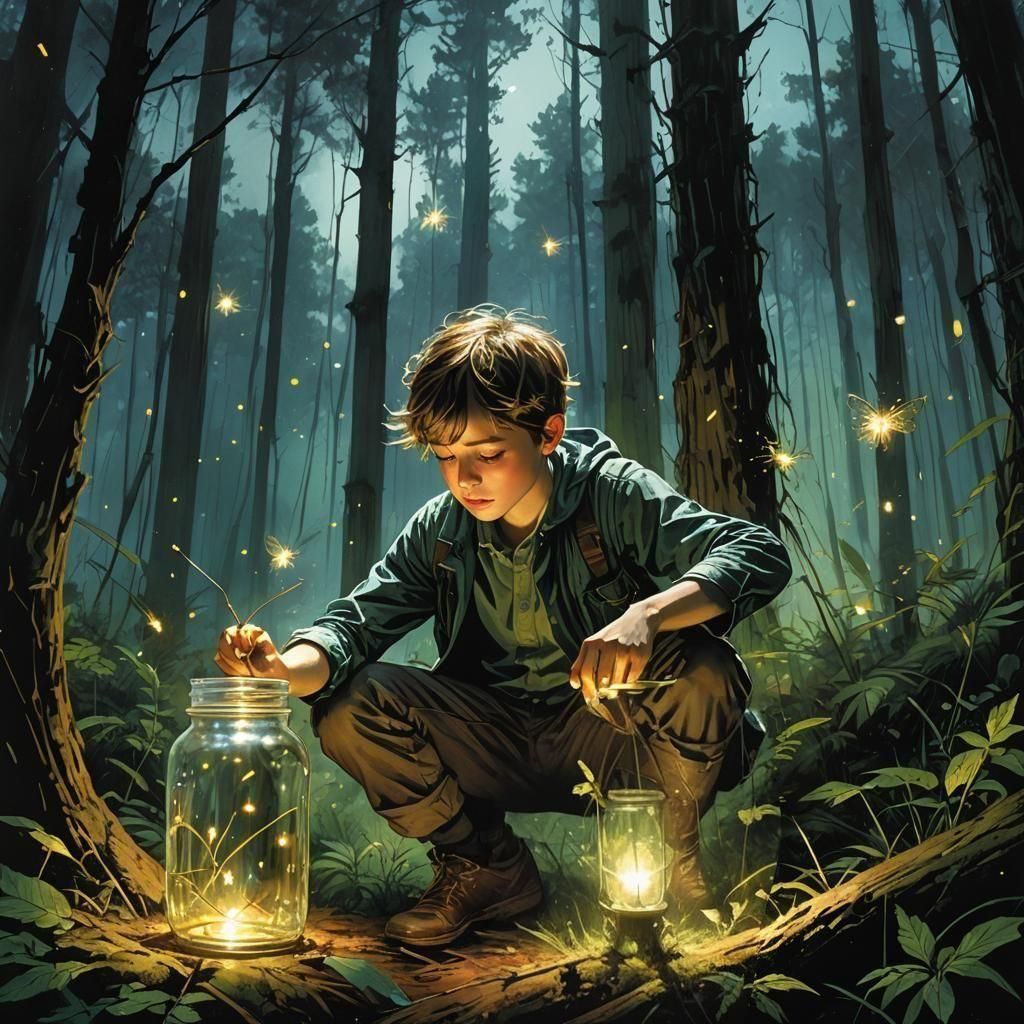 Boy Illuminated by Fireflies in Enchanted Forest